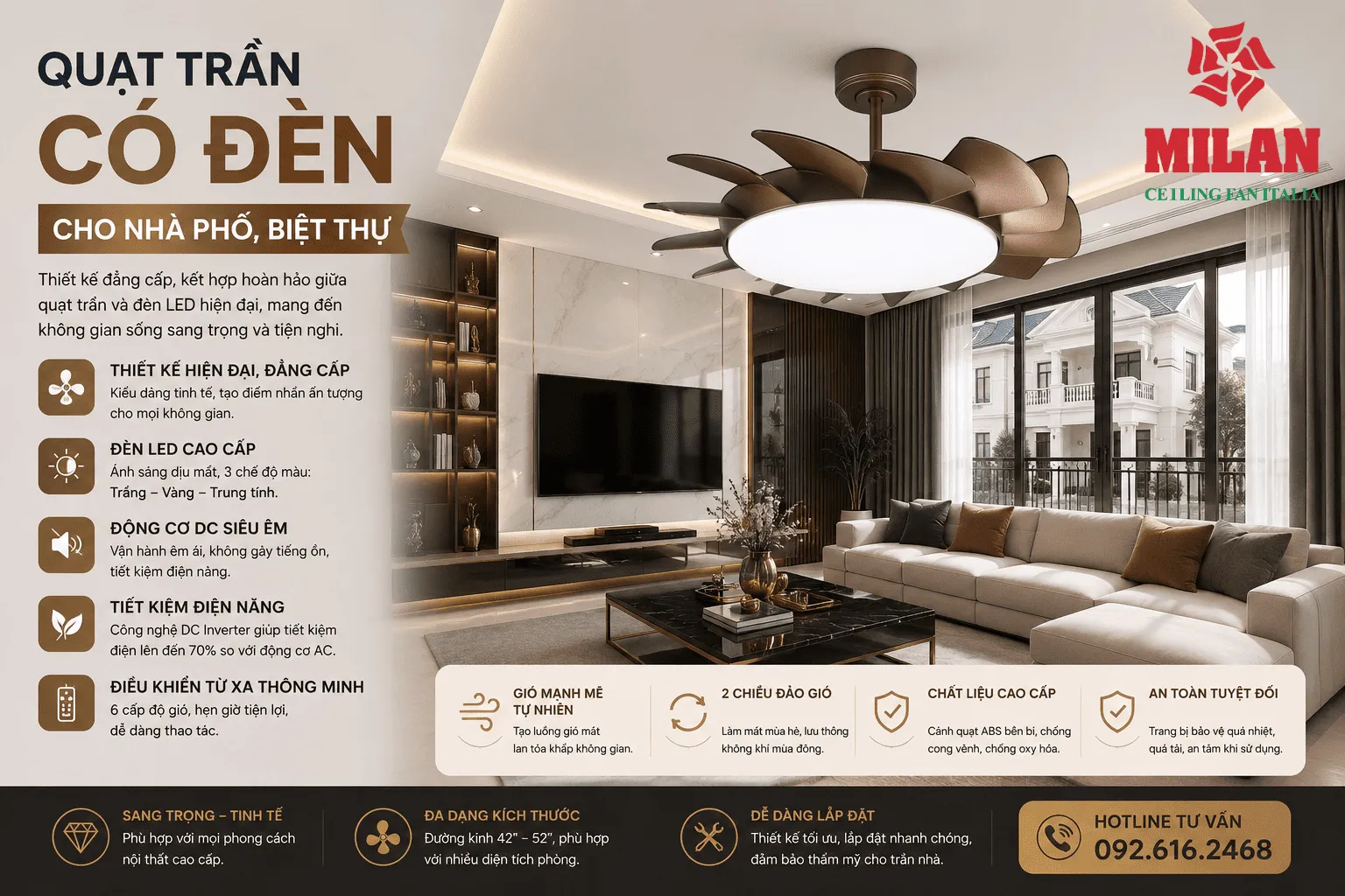 Quạt Trần Có Đèn Cho Nhà Phố, Biệt Thự